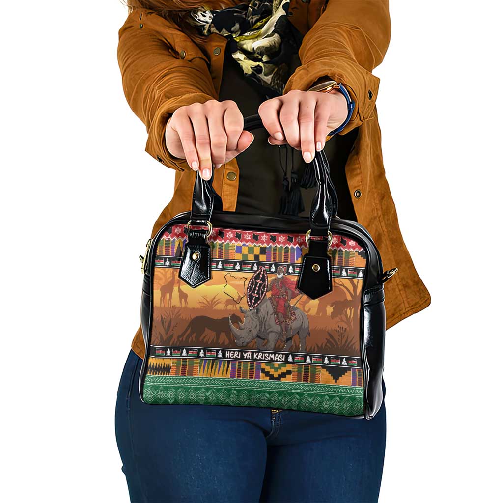 Kenya Safari Christmas Shoulder Handbag Black Santa Riding Rhinoceros - Heri ya Krismasi - Wonder Print Shop