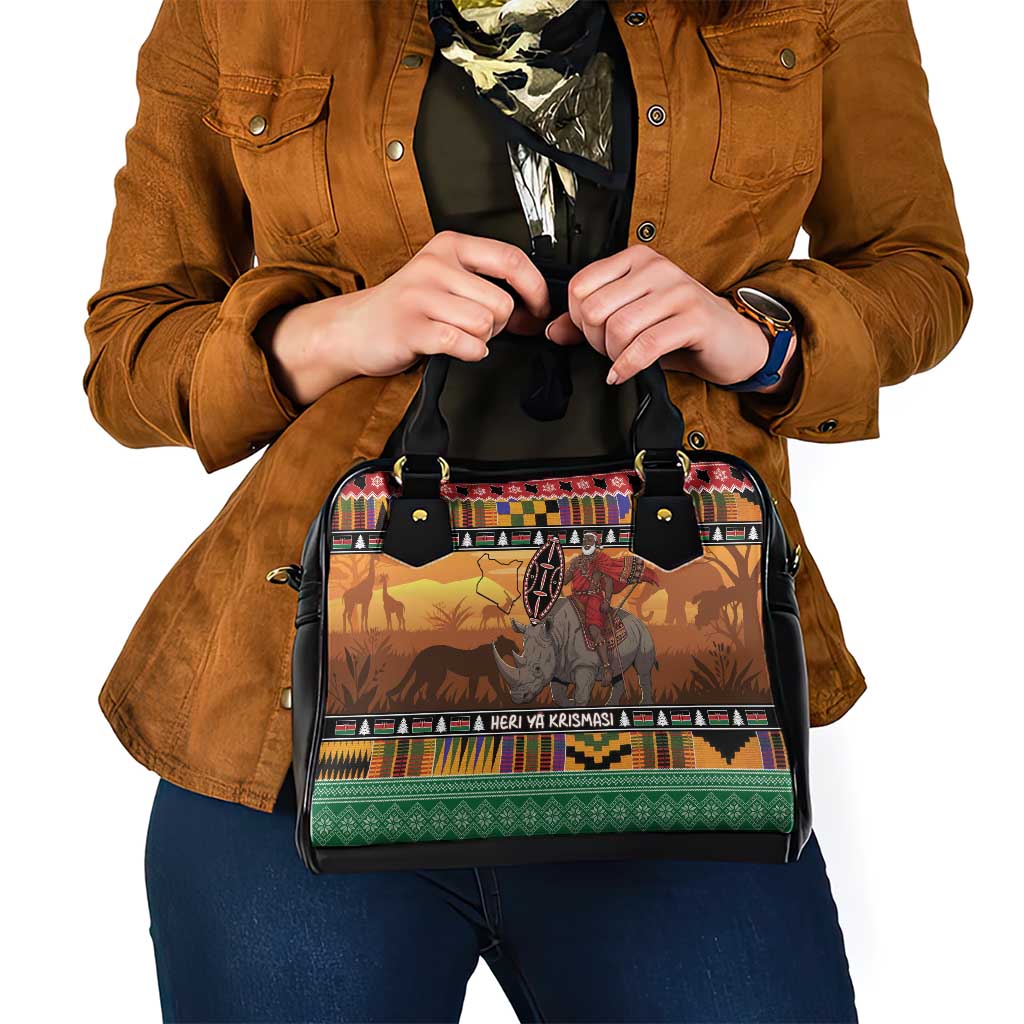 Kenya Safari Christmas Shoulder Handbag Black Santa Riding Rhinoceros - Heri ya Krismasi - Wonder Print Shop