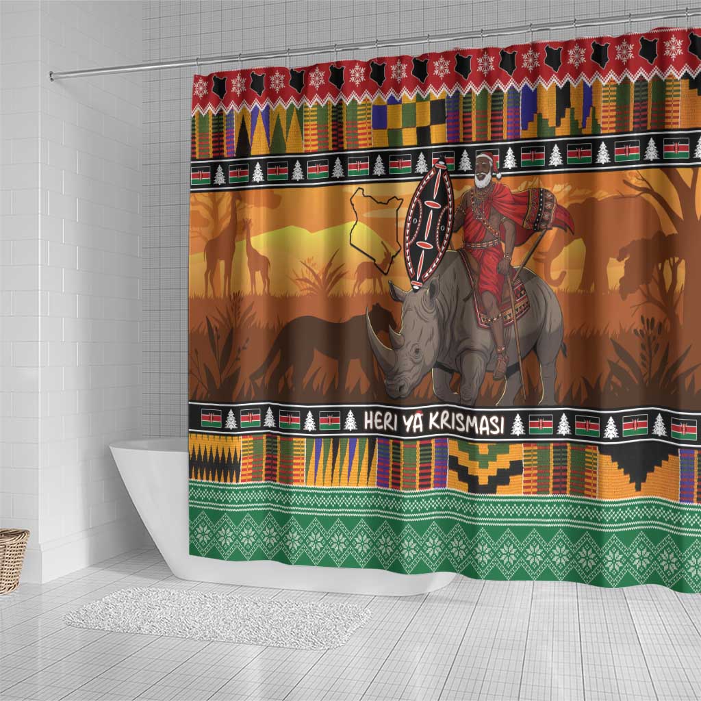 Kenya Safari Christmas Shower Curtain Black Santa Riding Rhinoceros - Heri ya Krismasi - Wonder Print Shop