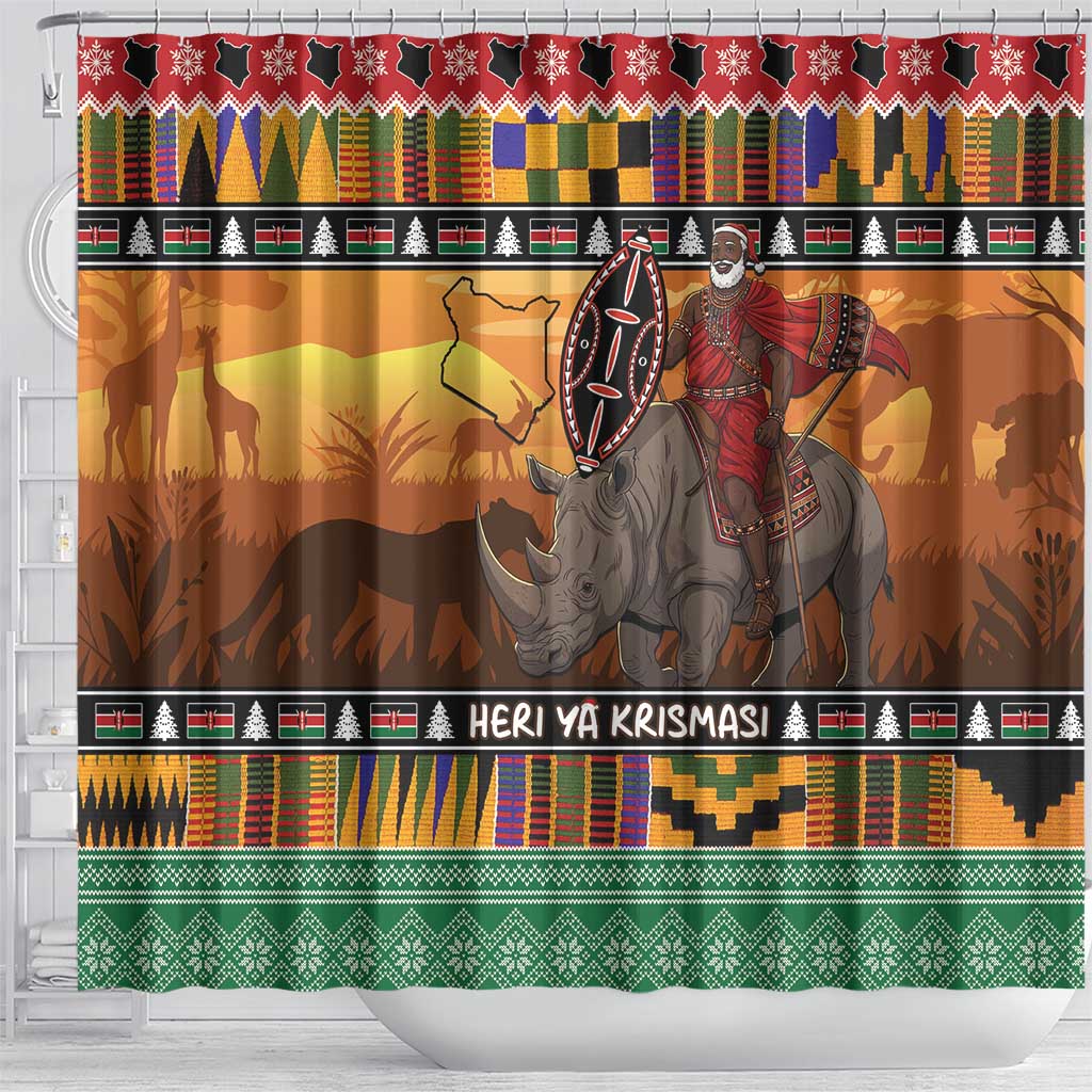 Kenya Safari Christmas Shower Curtain Black Santa Riding Rhinoceros - Heri ya Krismasi - Wonder Print Shop