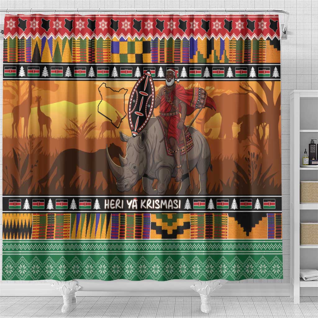Kenya Safari Christmas Shower Curtain Black Santa Riding Rhinoceros - Heri ya Krismasi - Wonder Print Shop