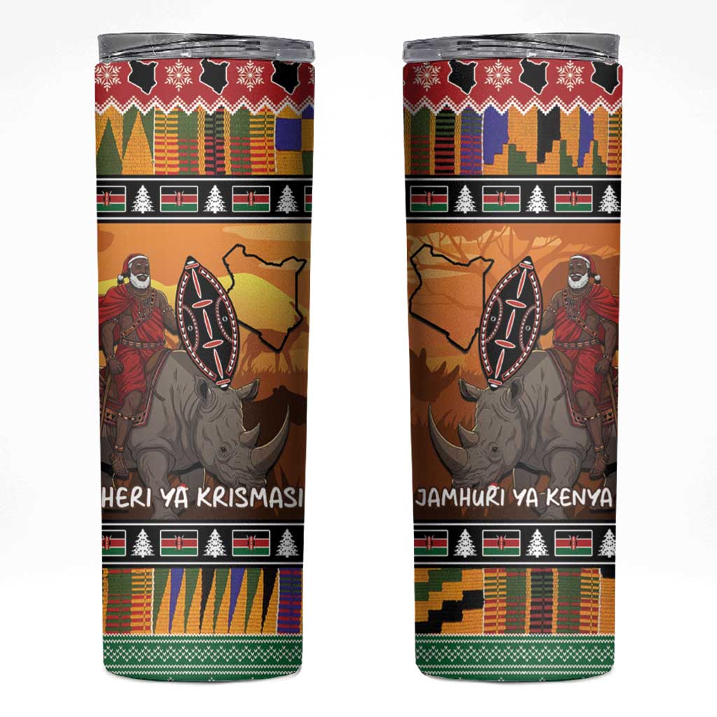 Kenya Safari Christmas Skinny Tumbler Black Santa Riding Rhinoceros - Heri ya Krismasi - Wonder Print Shop