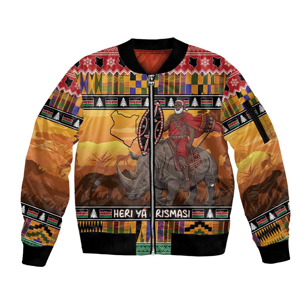 Kenya Safari Christmas Sleeve Zip Bomber Jacket Black Santa Riding Rhinoceros - Heri ya Krismasi - Wonder Print Shop