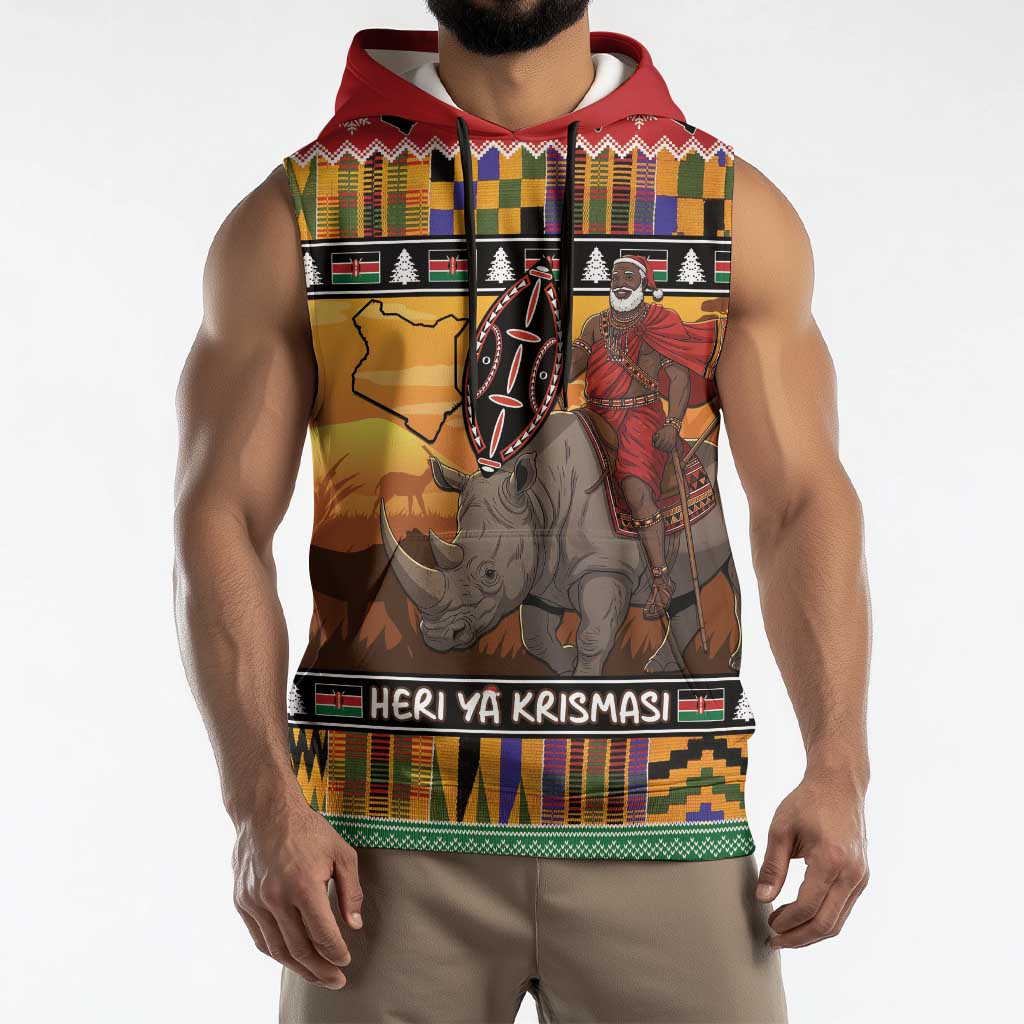 Kenya Safari Christmas Sleeveless Hoodie Black Santa Riding Rhinoceros - Heri ya Krismasi - Wonder Print Shop