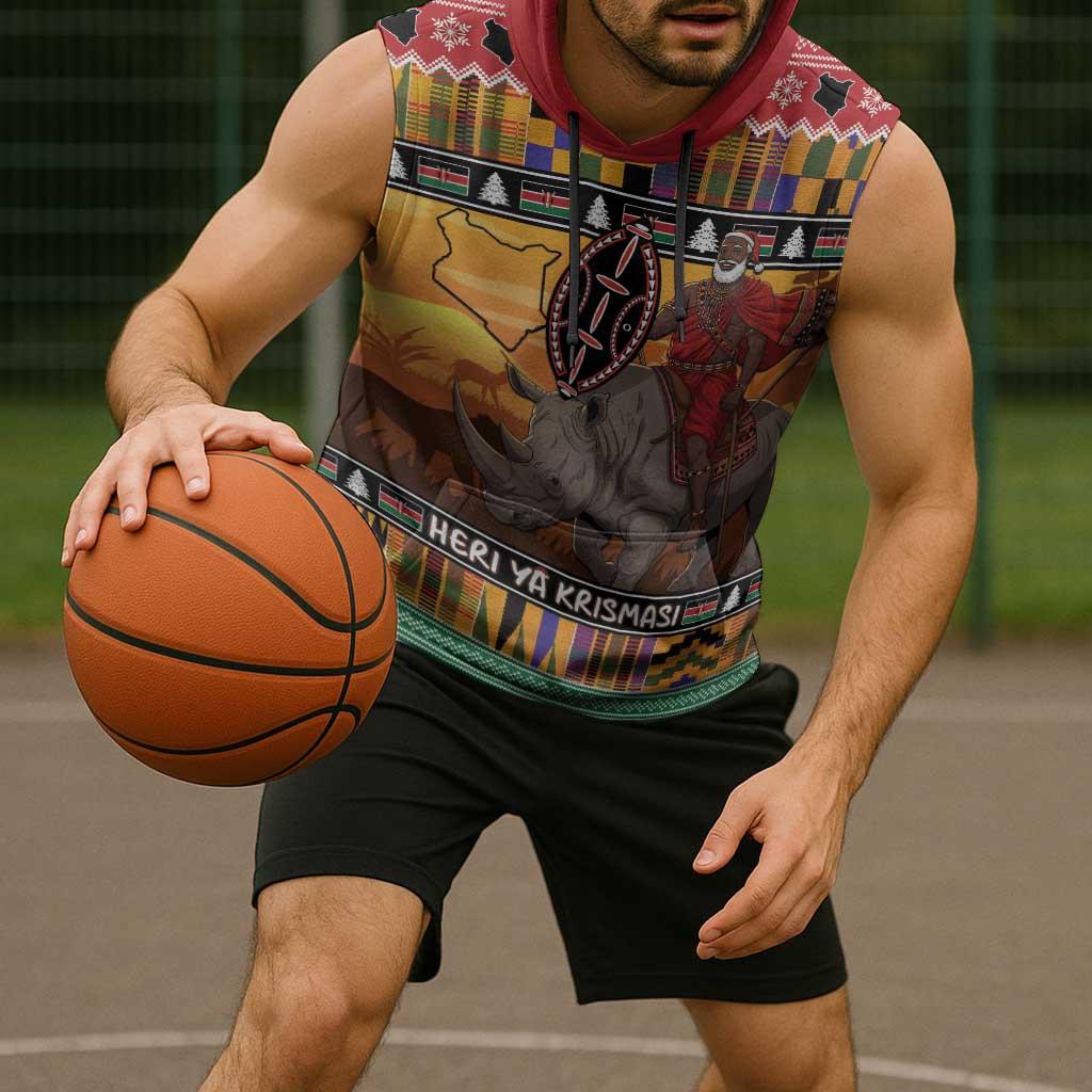 Kenya Safari Christmas Sleeveless Hoodie Black Santa Riding Rhinoceros - Heri ya Krismasi - Wonder Print Shop