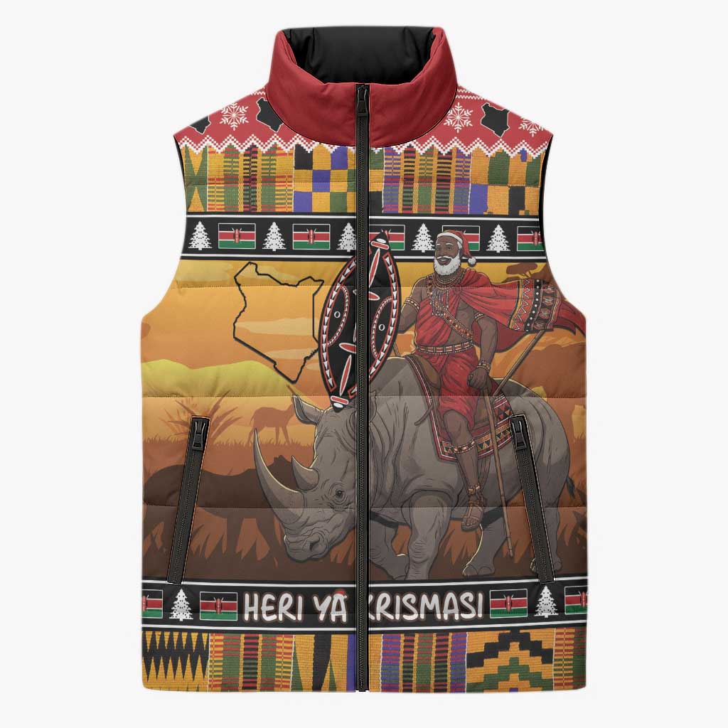 Kenya Safari Christmas Sleeveless Puffer Jacket Black Santa Riding Rhinoceros - Heri ya Krismasi - Wonder Print Shop