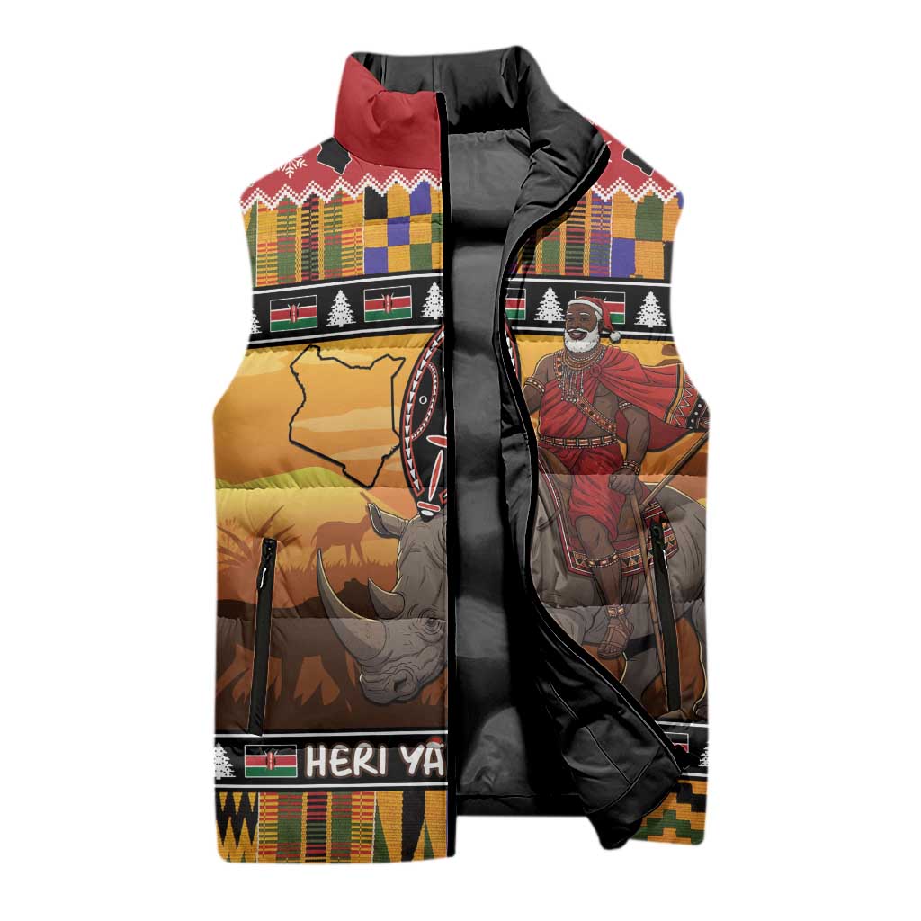 Kenya Safari Christmas Sleeveless Puffer Jacket Black Santa Riding Rhinoceros - Heri ya Krismasi - Wonder Print Shop