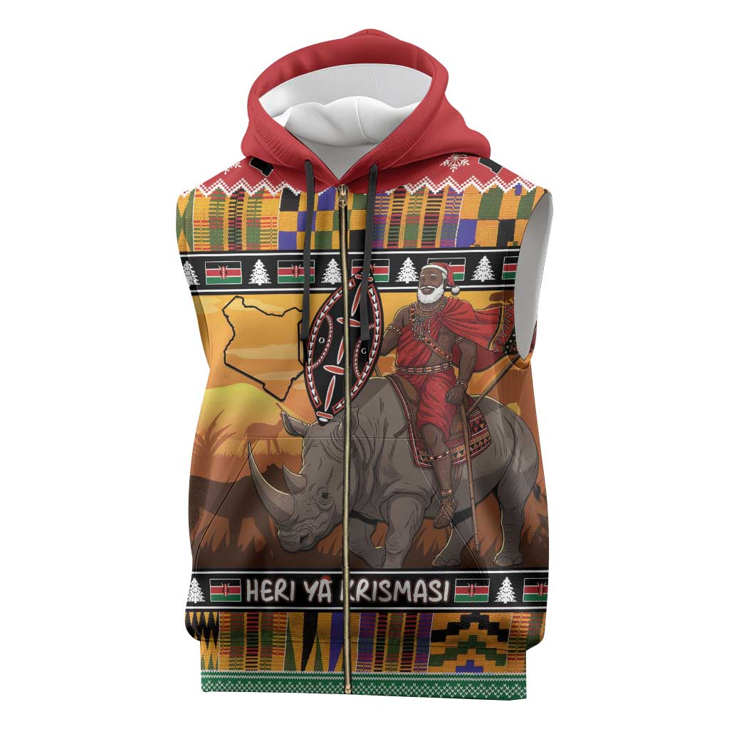 Kenya Safari Christmas Sleeveless Zip Hoodie Black Santa Riding Rhinoceros - Heri ya Krismasi - Wonder Print Shop
