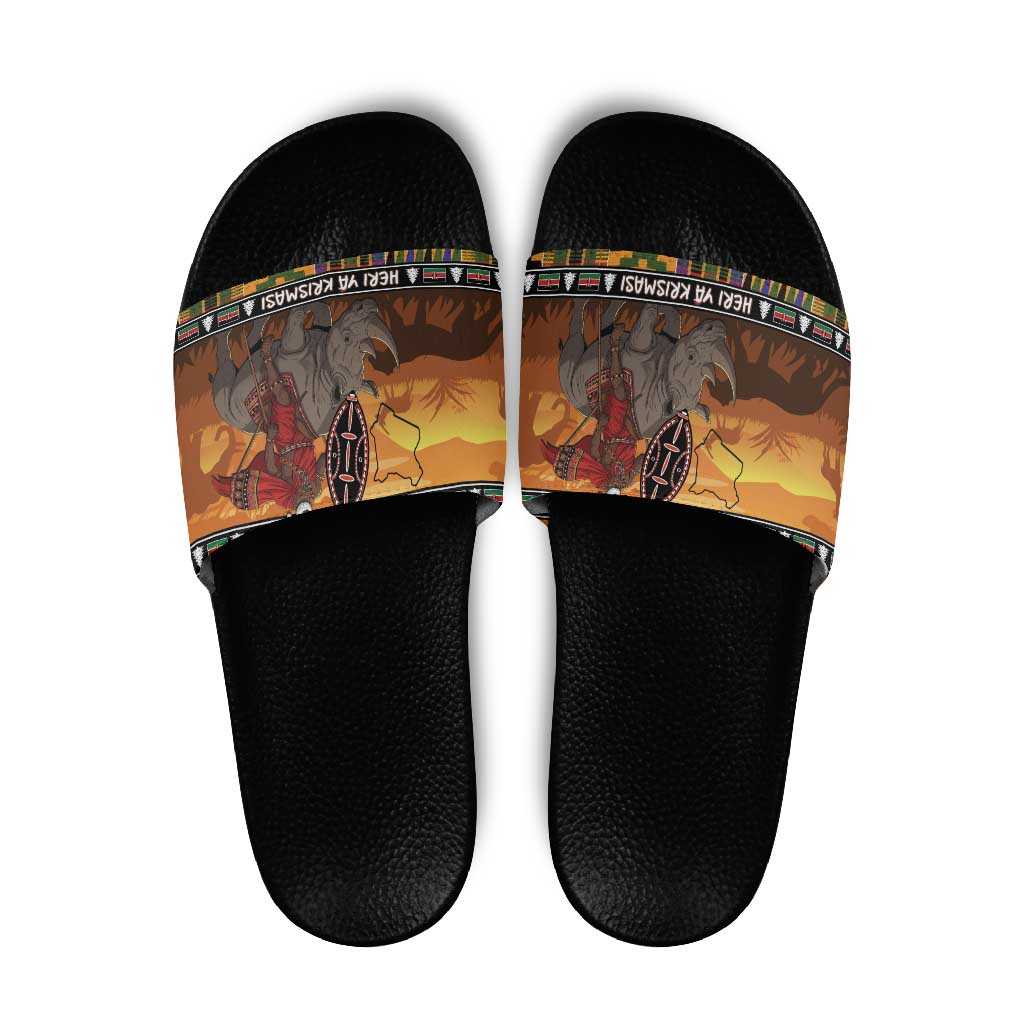 Kenya Safari Christmas Slide Sandals Black Santa Riding Rhinoceros - Heri ya Krismasi - Wonder Print Shop