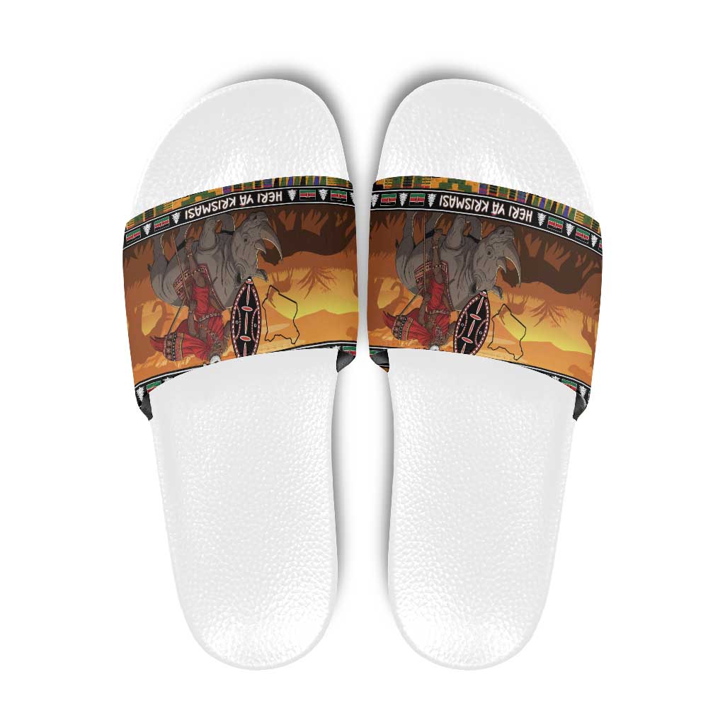 Kenya Safari Christmas Slide Sandals Black Santa Riding Rhinoceros - Heri ya Krismasi - Wonder Print Shop