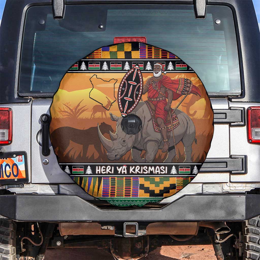 Kenya Safari Christmas Spare Tire Cover Black Santa Riding Rhinoceros - Heri ya Krismasi - Wonder Print Shop