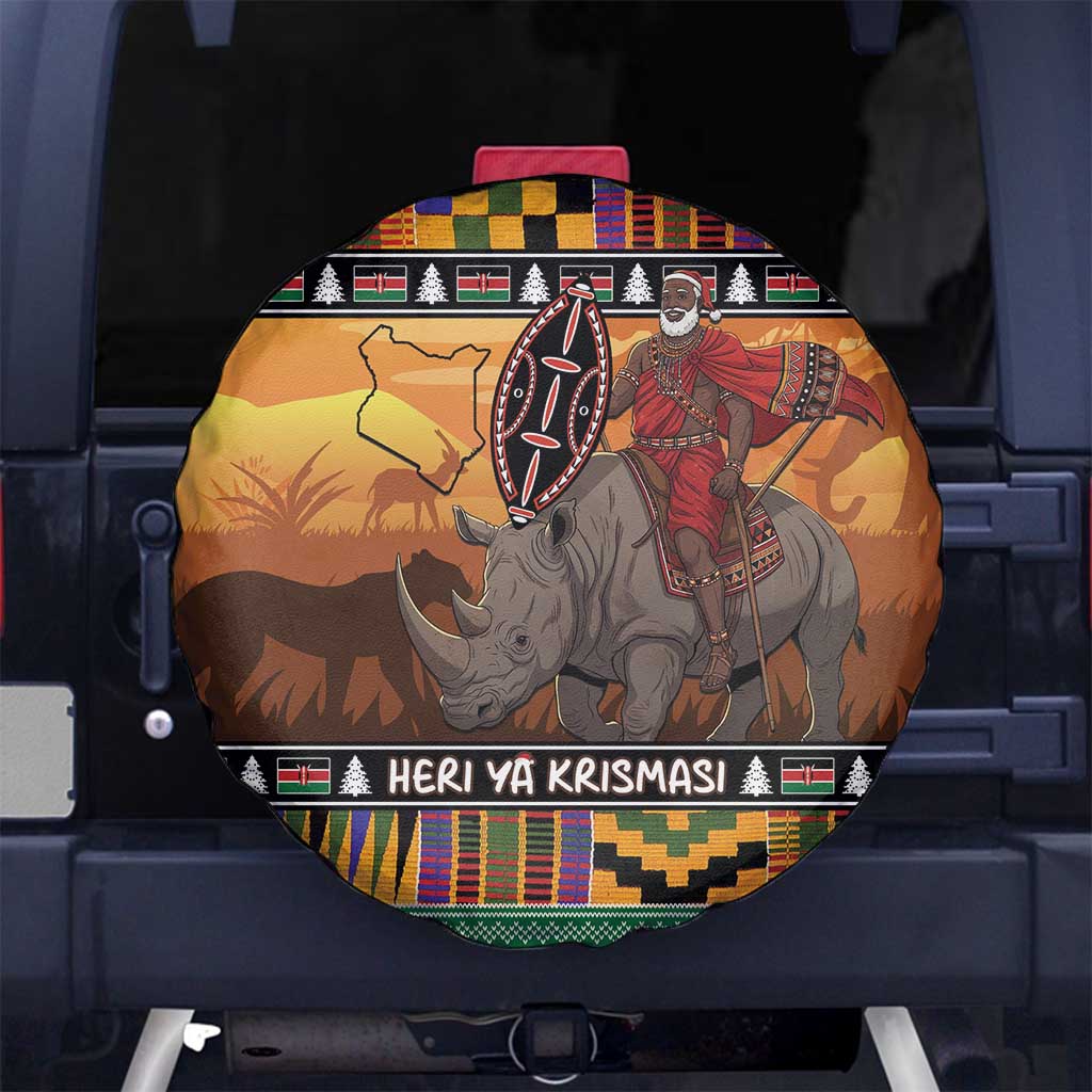 Kenya Safari Christmas Spare Tire Cover Black Santa Riding Rhinoceros - Heri ya Krismasi - Wonder Print Shop