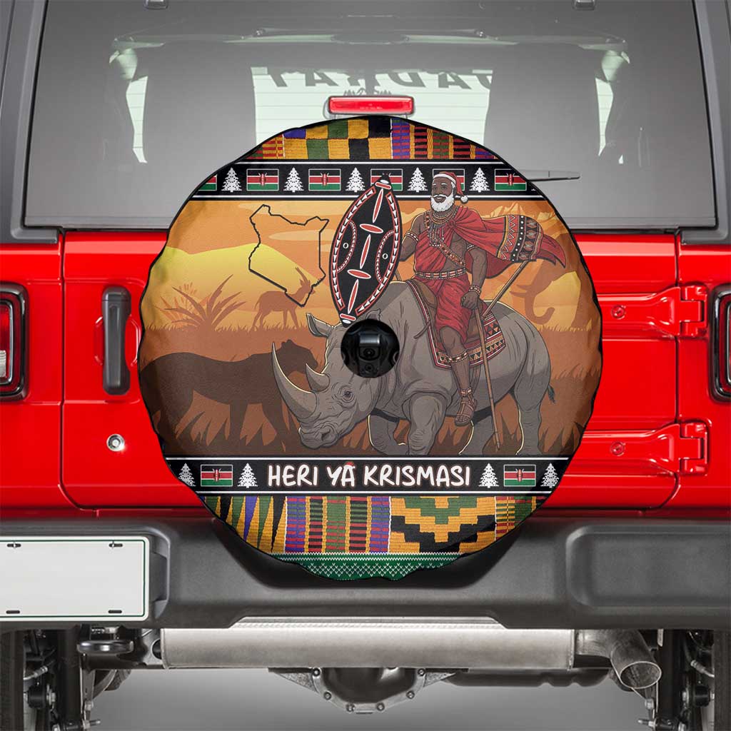 Kenya Safari Christmas Spare Tire Cover Black Santa Riding Rhinoceros - Heri ya Krismasi - Wonder Print Shop