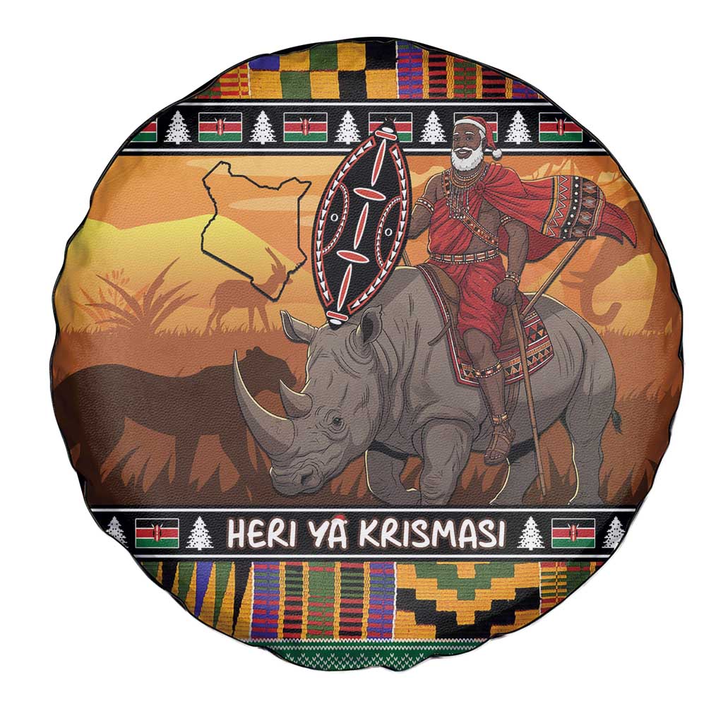 Kenya Safari Christmas Spare Tire Cover Black Santa Riding Rhinoceros - Heri ya Krismasi - Wonder Print Shop