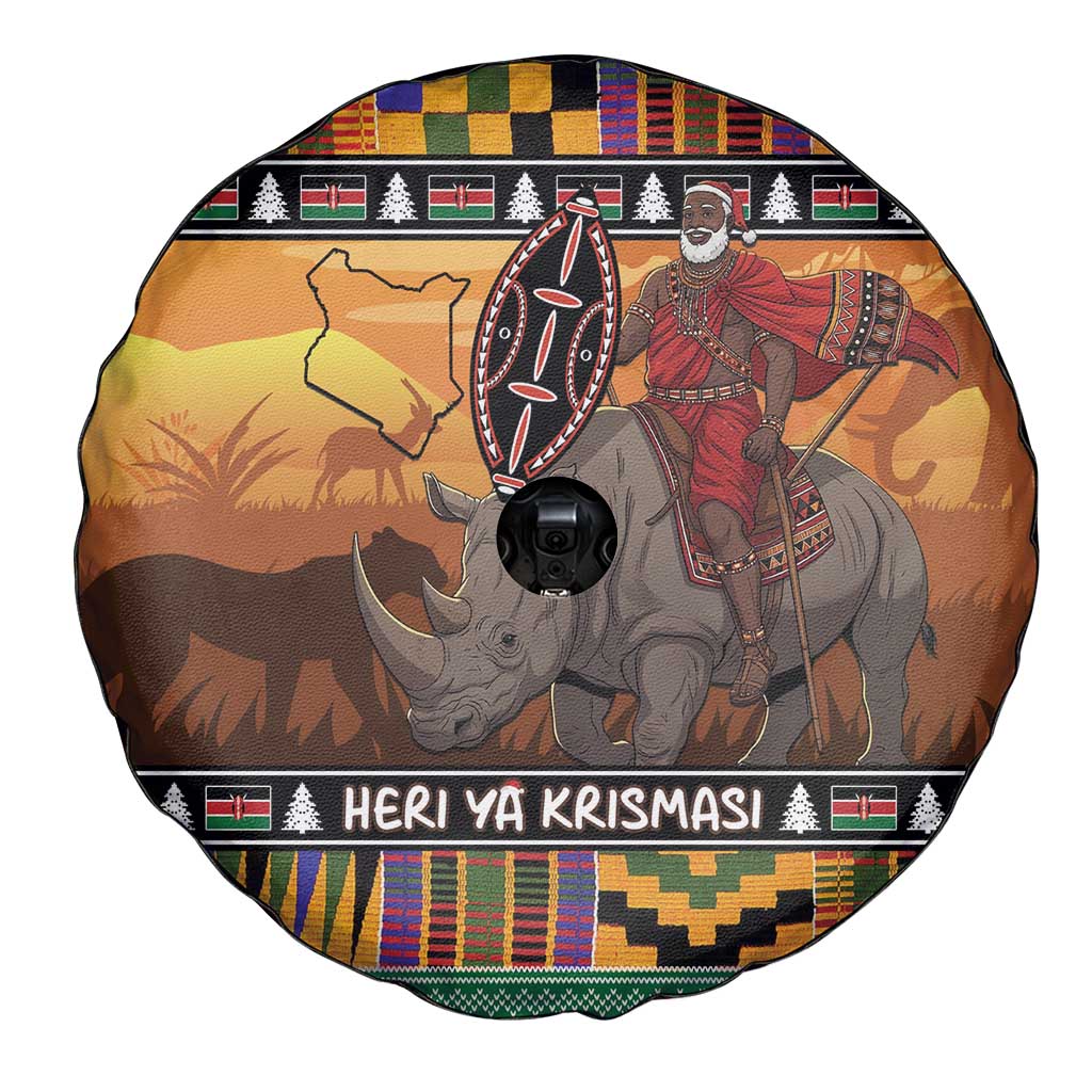 Kenya Safari Christmas Spare Tire Cover Black Santa Riding Rhinoceros - Heri ya Krismasi - Wonder Print Shop