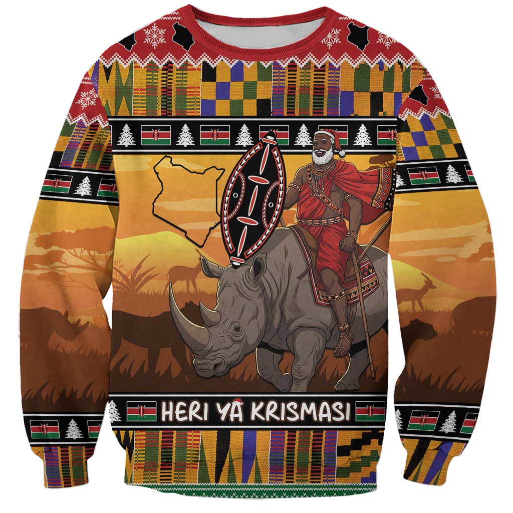 Kenya Safari Christmas Sweatshirt Black Santa Riding Rhinoceros - Heri ya Krismasi - Wonder Print Shop