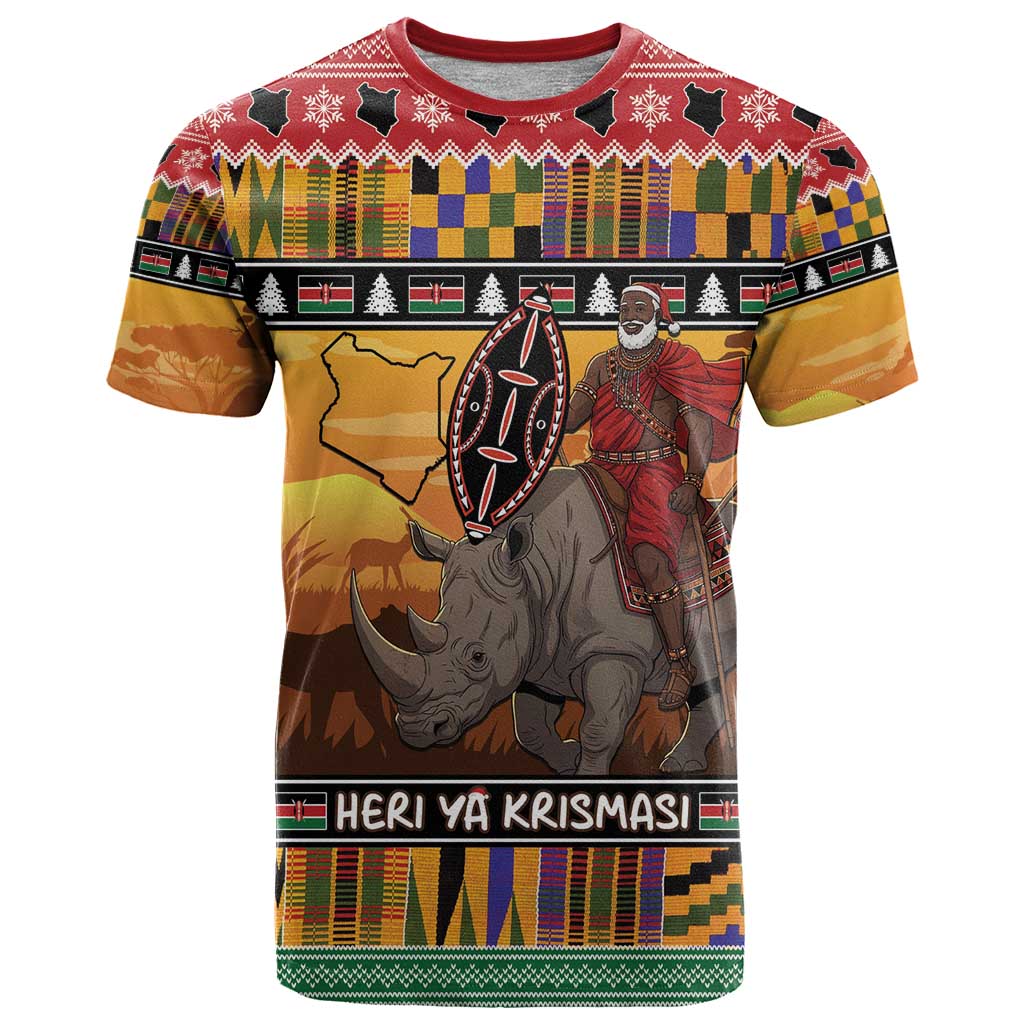 Kenya Safari Christmas T Shirt Black Santa Riding Rhinoceros - Heri ya Krismasi - Wonder Print Shop