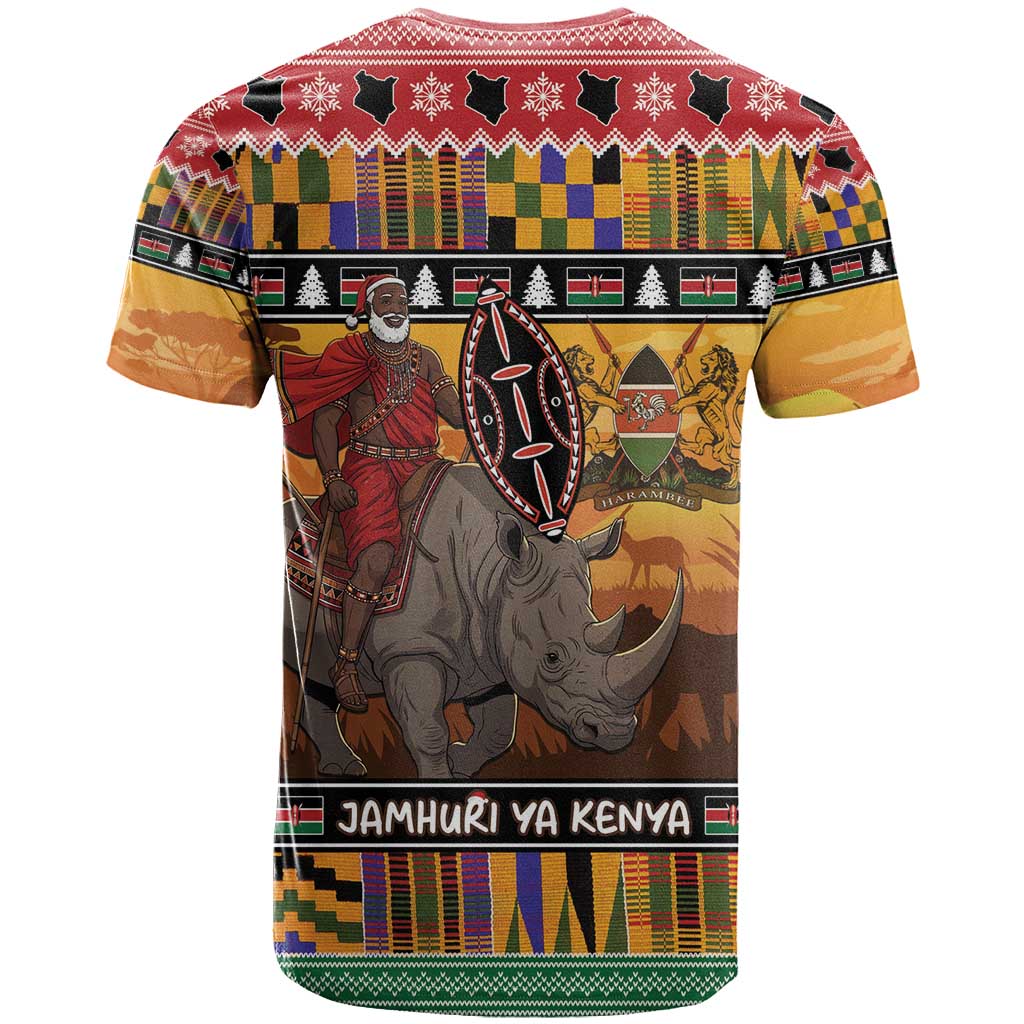 Kenya Safari Christmas T Shirt Black Santa Riding Rhinoceros - Heri ya Krismasi - Wonder Print Shop