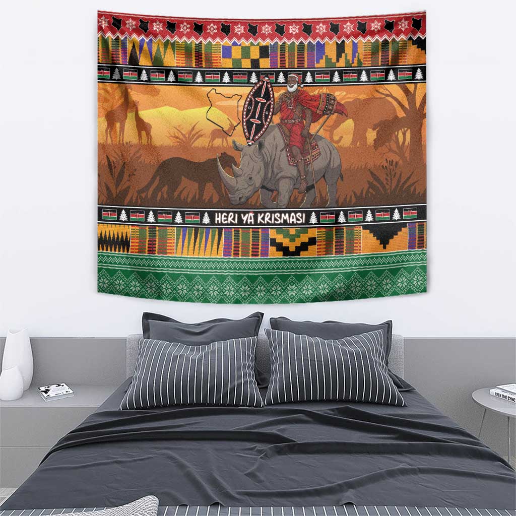 Kenya Safari Christmas Tapestry Black Santa Riding Rhinoceros - Heri ya Krismasi - Wonder Print Shop