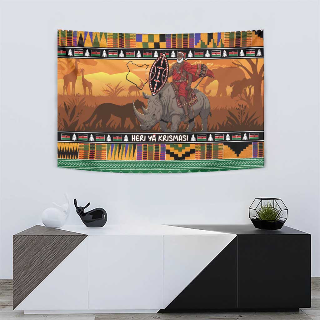 Kenya Safari Christmas Tapestry Black Santa Riding Rhinoceros - Heri ya Krismasi - Wonder Print Shop