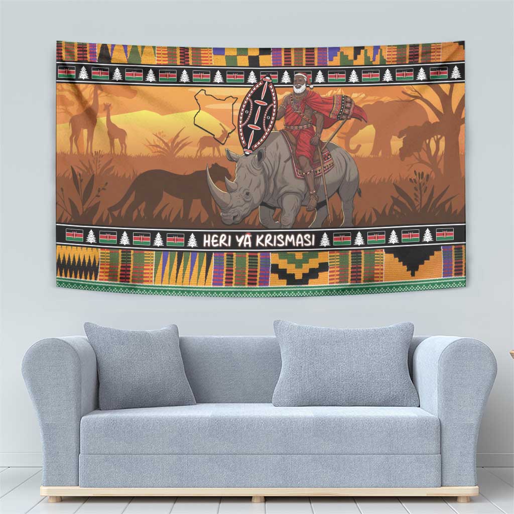 Kenya Safari Christmas Tapestry Black Santa Riding Rhinoceros - Heri ya Krismasi - Wonder Print Shop