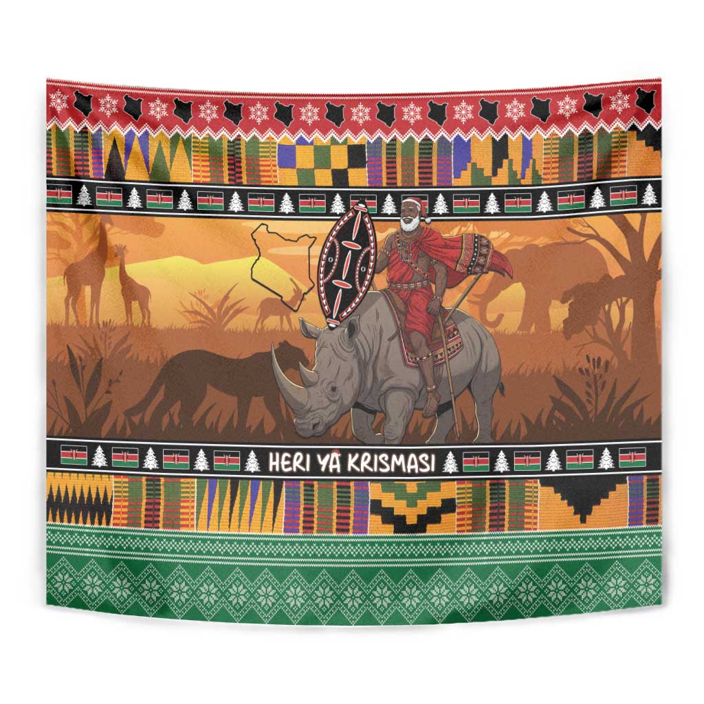Kenya Safari Christmas Tapestry Black Santa Riding Rhinoceros - Heri ya Krismasi - Wonder Print Shop