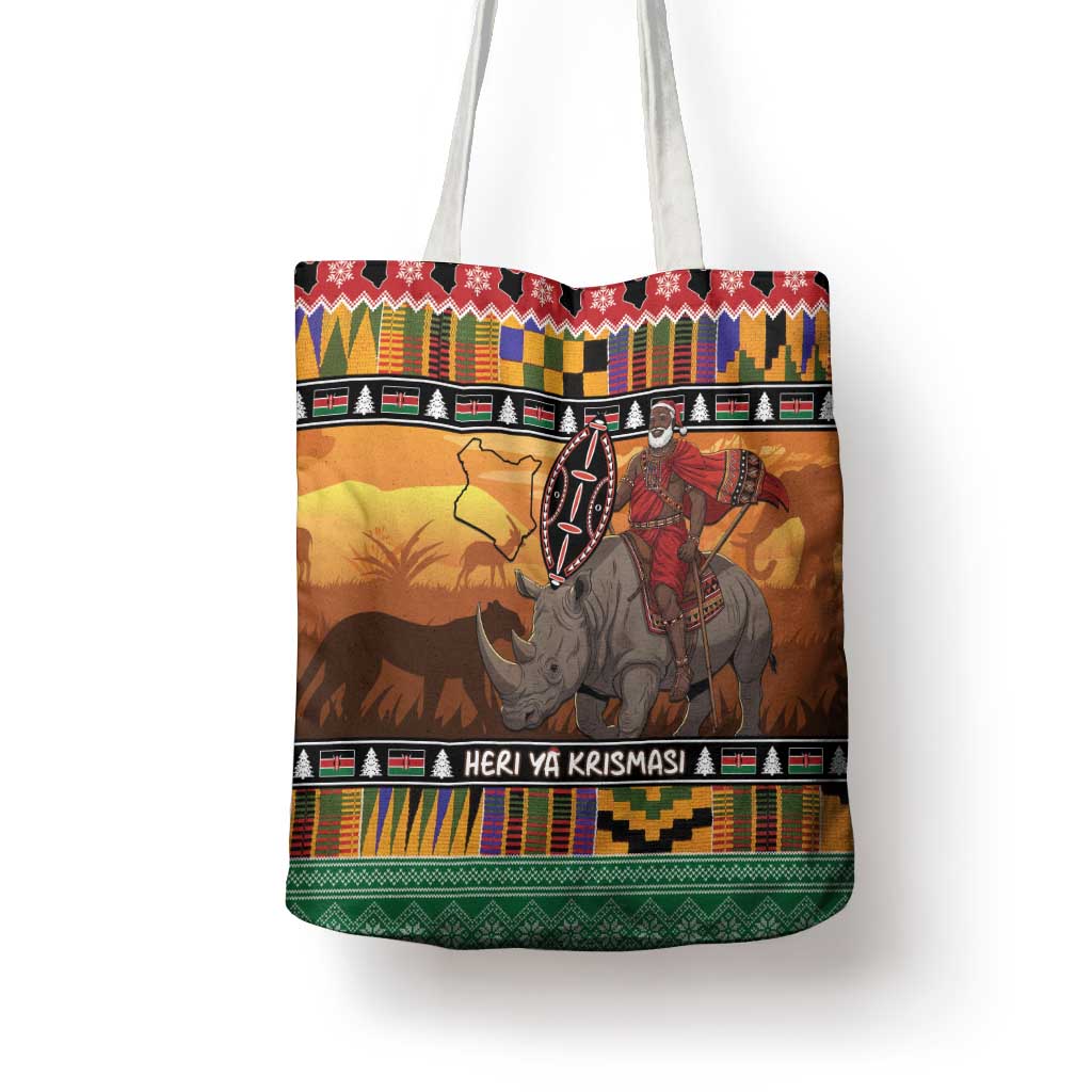 Kenya Safari Christmas Tote Bag Black Santa Riding Rhinoceros - Heri ya Krismasi - Wonder Print Shop