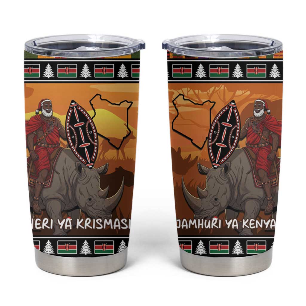 Kenya Safari Christmas Tumbler Cup Black Santa Riding Rhinoceros - Heri ya Krismasi - Wonder Print Shop