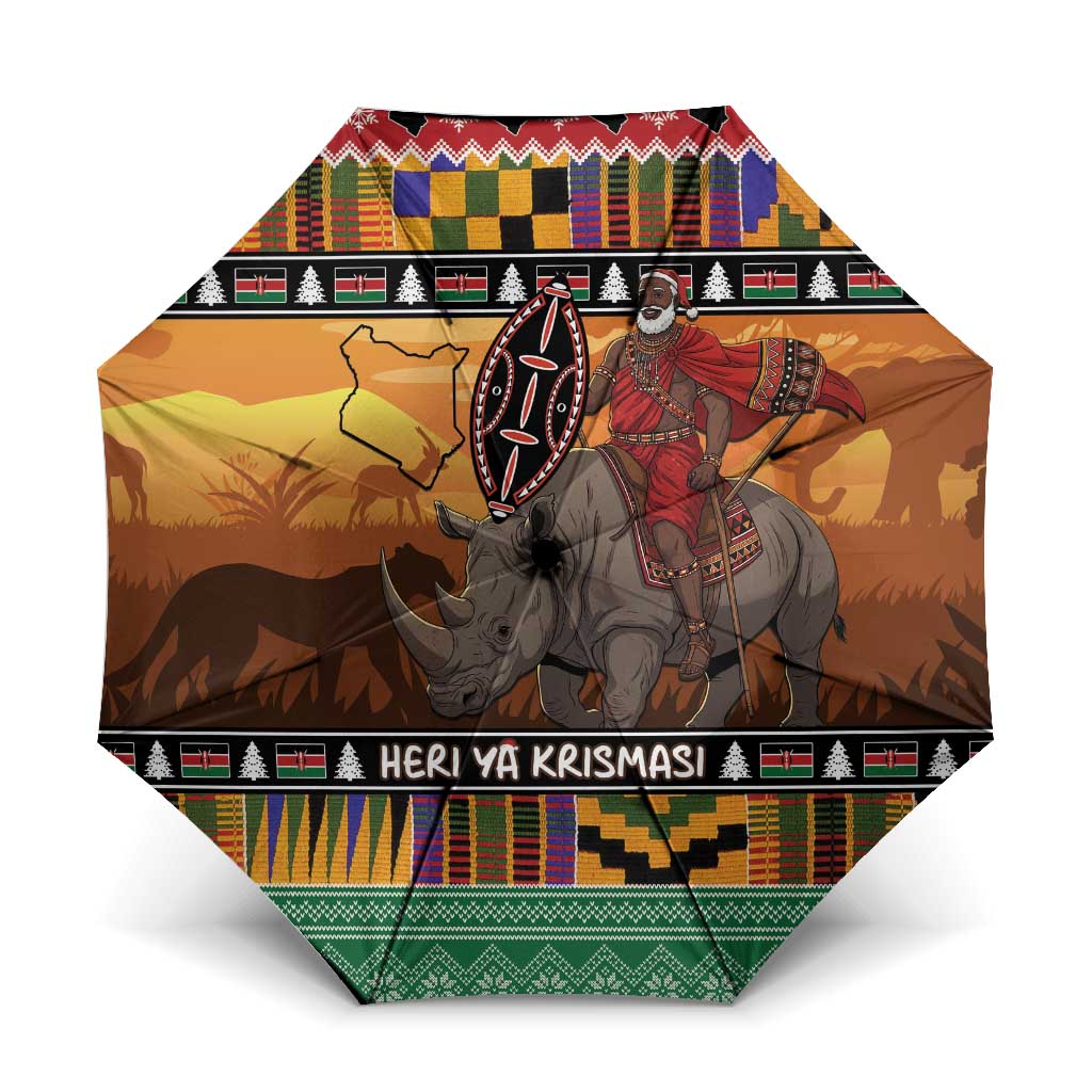 Kenya Safari Christmas Umbrella Black Santa Riding Rhinoceros - Heri ya Krismasi - Wonder Print Shop