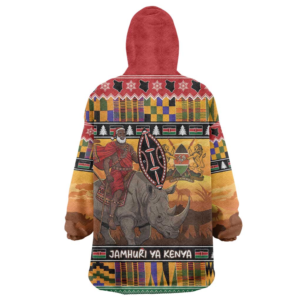 Kenya Safari Christmas Wearable Blanket Hoodie Black Santa Riding Rhinoceros - Heri ya Krismasi - Wonder Print Shop