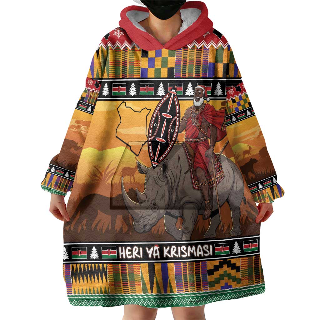 Kenya Safari Christmas Wearable Blanket Hoodie Black Santa Riding Rhinoceros - Heri ya Krismasi - Wonder Print Shop