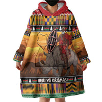 Kenya Safari Christmas Wearable Blanket Hoodie Black Santa Riding Rhinoceros - Heri ya Krismasi - Wonder Print Shop