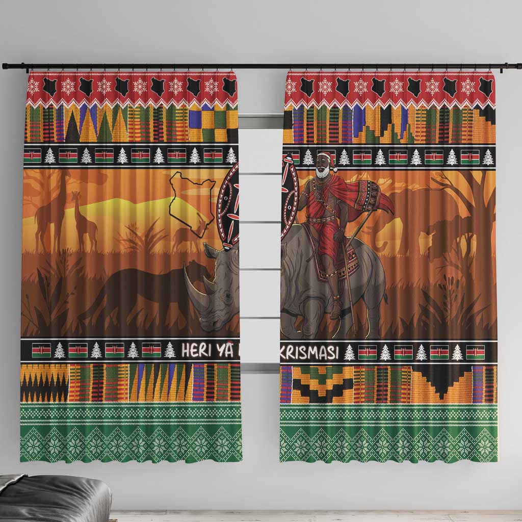 Kenya Safari Christmas Window Curtain Black Santa Riding Rhinoceros - Heri ya Krismasi - Wonder Print Shop