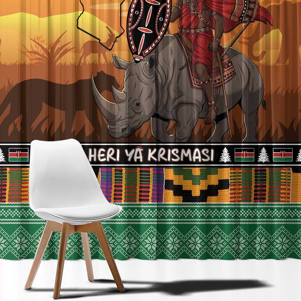 Kenya Safari Christmas Window Curtain Black Santa Riding Rhinoceros - Heri ya Krismasi - Wonder Print Shop