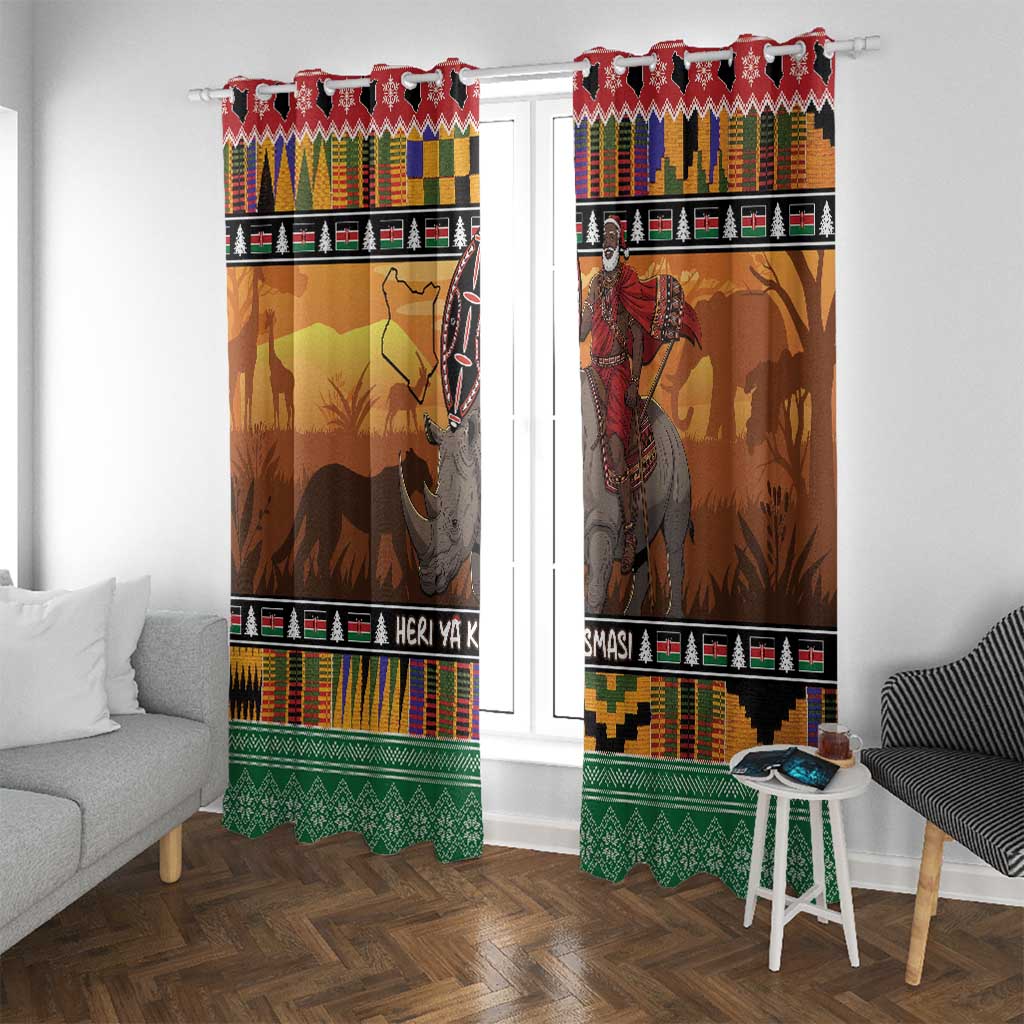 Kenya Safari Christmas Window Curtain Black Santa Riding Rhinoceros - Heri ya Krismasi - Wonder Print Shop