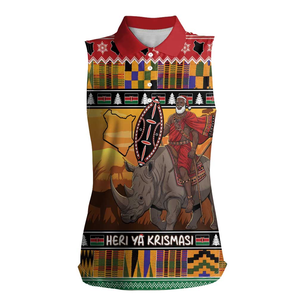 Kenya Safari Christmas Women Sleeveless Polo Shirt Black Santa Riding Rhinoceros - Heri ya Krismasi - Wonder Print Shop