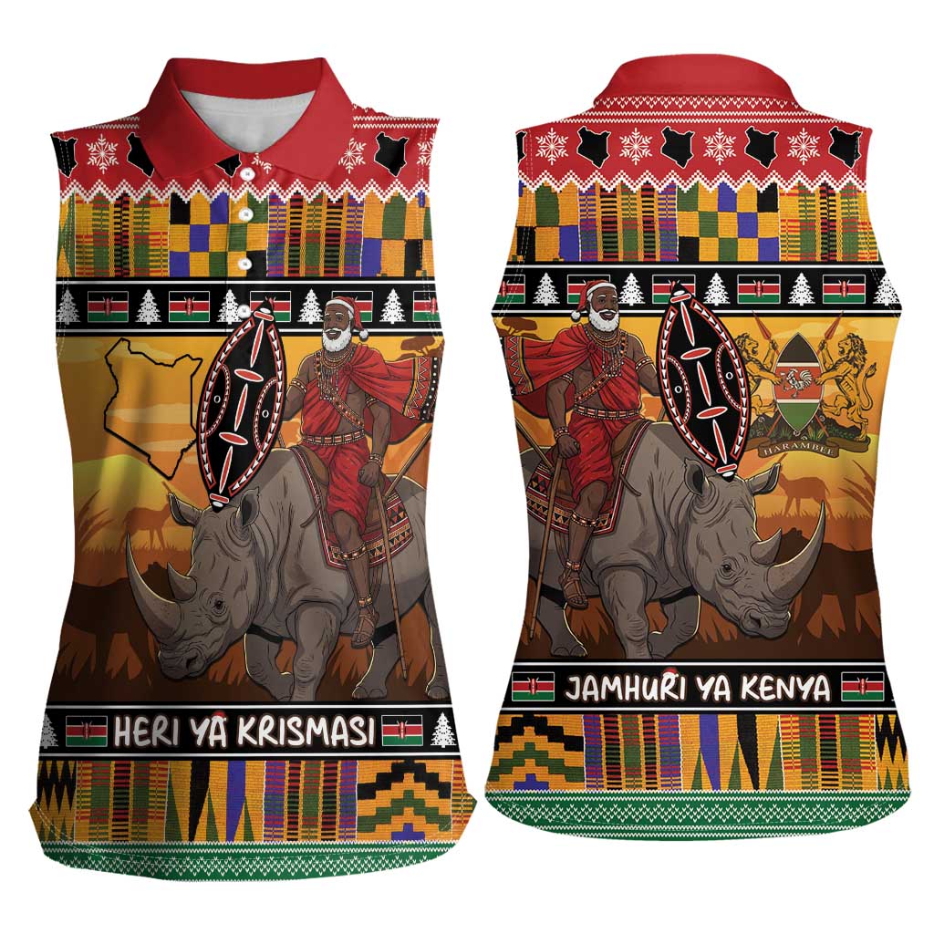 Kenya Safari Christmas Women Sleeveless Polo Shirt Black Santa Riding Rhinoceros - Heri ya Krismasi - Wonder Print Shop