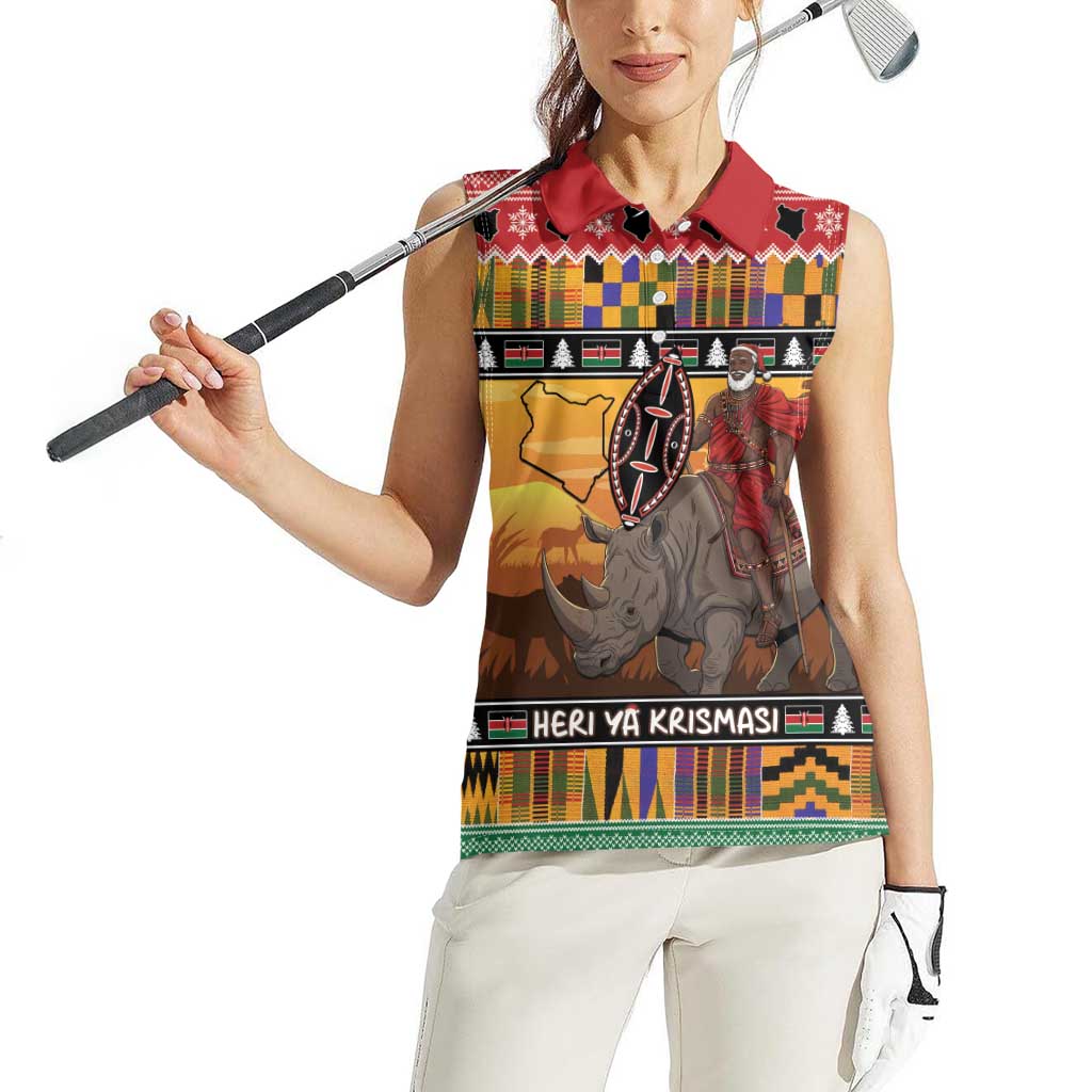 Kenya Safari Christmas Women Sleeveless Polo Shirt Black Santa Riding Rhinoceros - Heri ya Krismasi - Wonder Print Shop