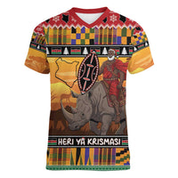 Kenya Safari Christmas Women V-Neck T-Shirt Black Santa Riding Rhinoceros - Heri ya Krismasi - Wonder Print Shop