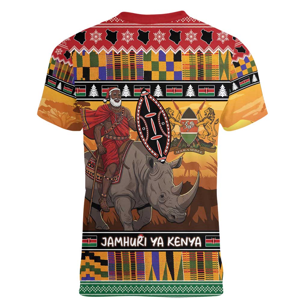 Kenya Safari Christmas Women V-Neck T-Shirt Black Santa Riding Rhinoceros - Heri ya Krismasi - Wonder Print Shop