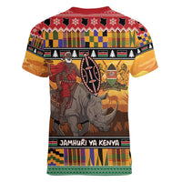 Kenya Safari Christmas Women V-Neck T-Shirt Black Santa Riding Rhinoceros - Heri ya Krismasi - Wonder Print Shop