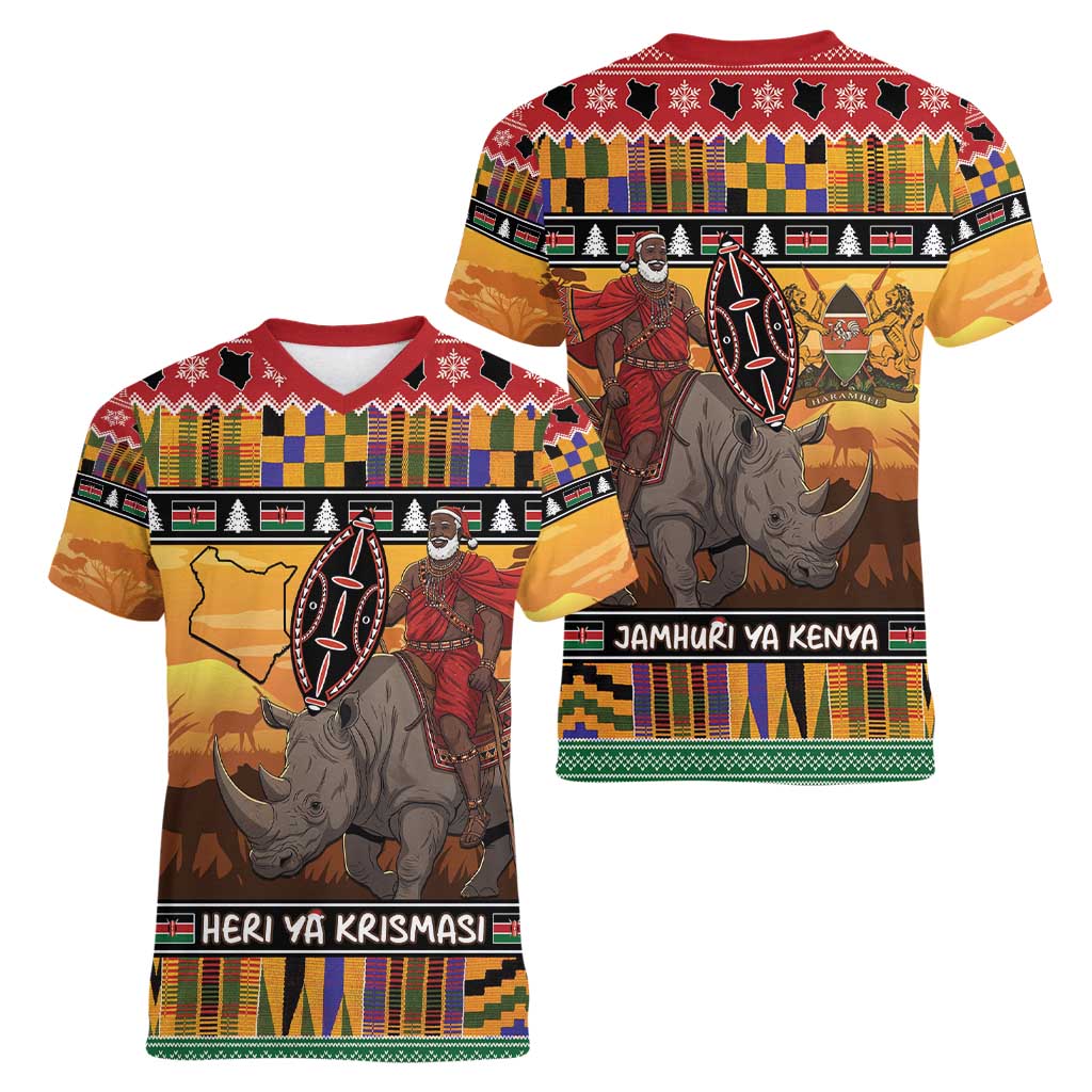 Kenya Safari Christmas Women V-Neck T-Shirt Black Santa Riding Rhinoceros - Heri ya Krismasi - Wonder Print Shop