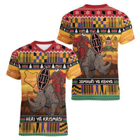 Kenya Safari Christmas Women V-Neck T-Shirt Black Santa Riding Rhinoceros - Heri ya Krismasi - Wonder Print Shop