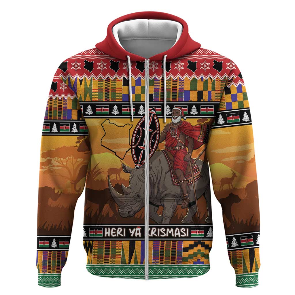 Kenya Safari Christmas Zip Hoodie Black Santa Riding Rhinoceros - Heri ya Krismasi - Wonder Print Shop