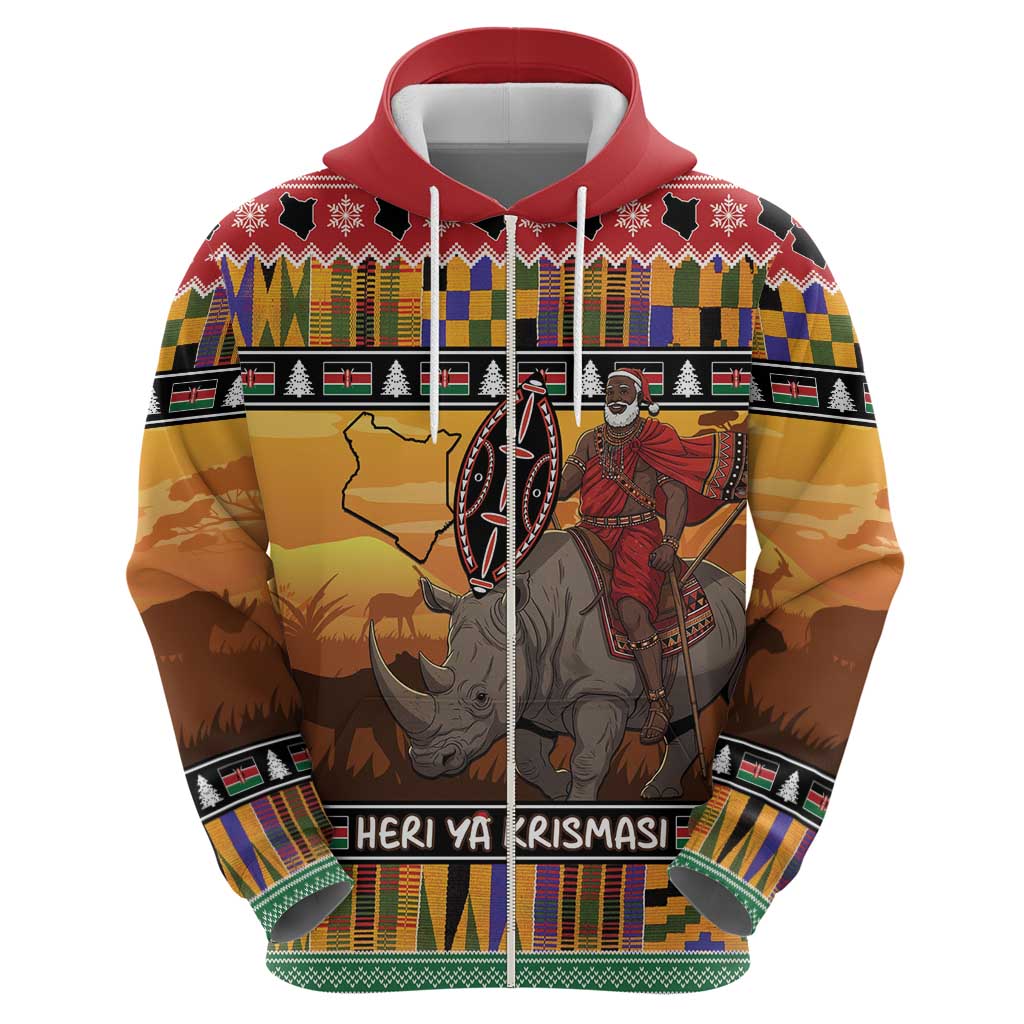 Kenya Safari Christmas Zip Hoodie Black Santa Riding Rhinoceros - Heri ya Krismasi - Wonder Print Shop