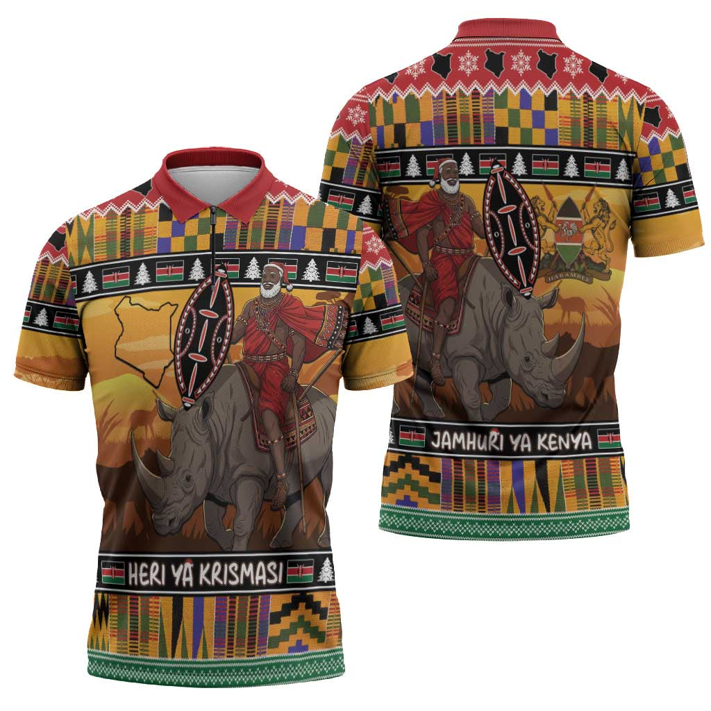 Kenya Safari Christmas Zipper Polo Shirt Black Santa Riding Rhinoceros - Heri ya Krismasi - Wonder Print Shop
