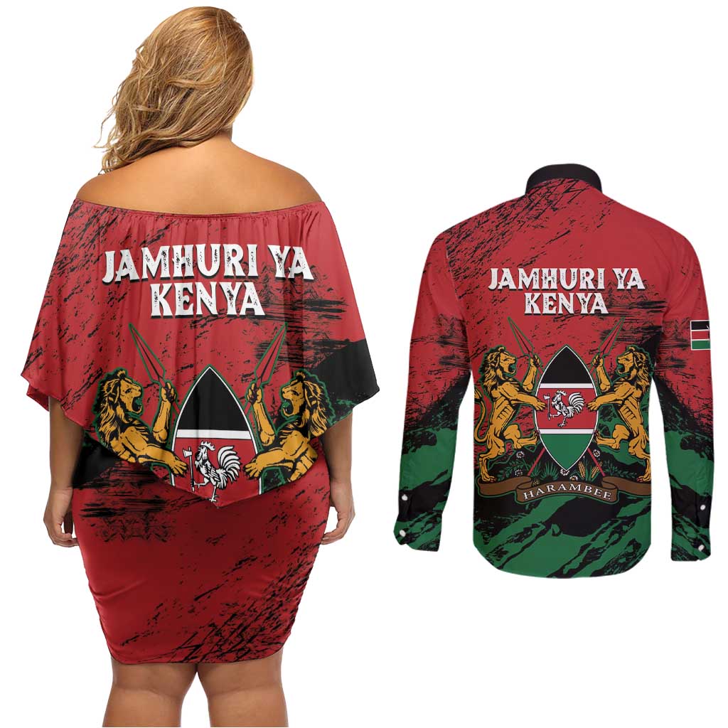 Kenya Independence Day Couples Matching Off Shoulder Short Dress and Long Sleeve Button Shirt 61st Anniversary - Coat Of Arms - Wonder Print Shop