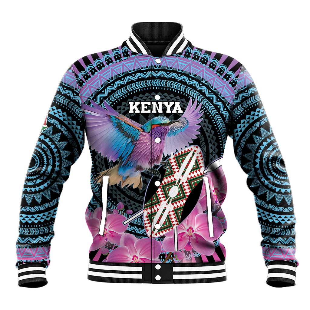 Personalised Kenya Lilac Breasted Roller Baseball Jacket Mix Maasai Shield With Orchid Flower - Wonder Print Shop