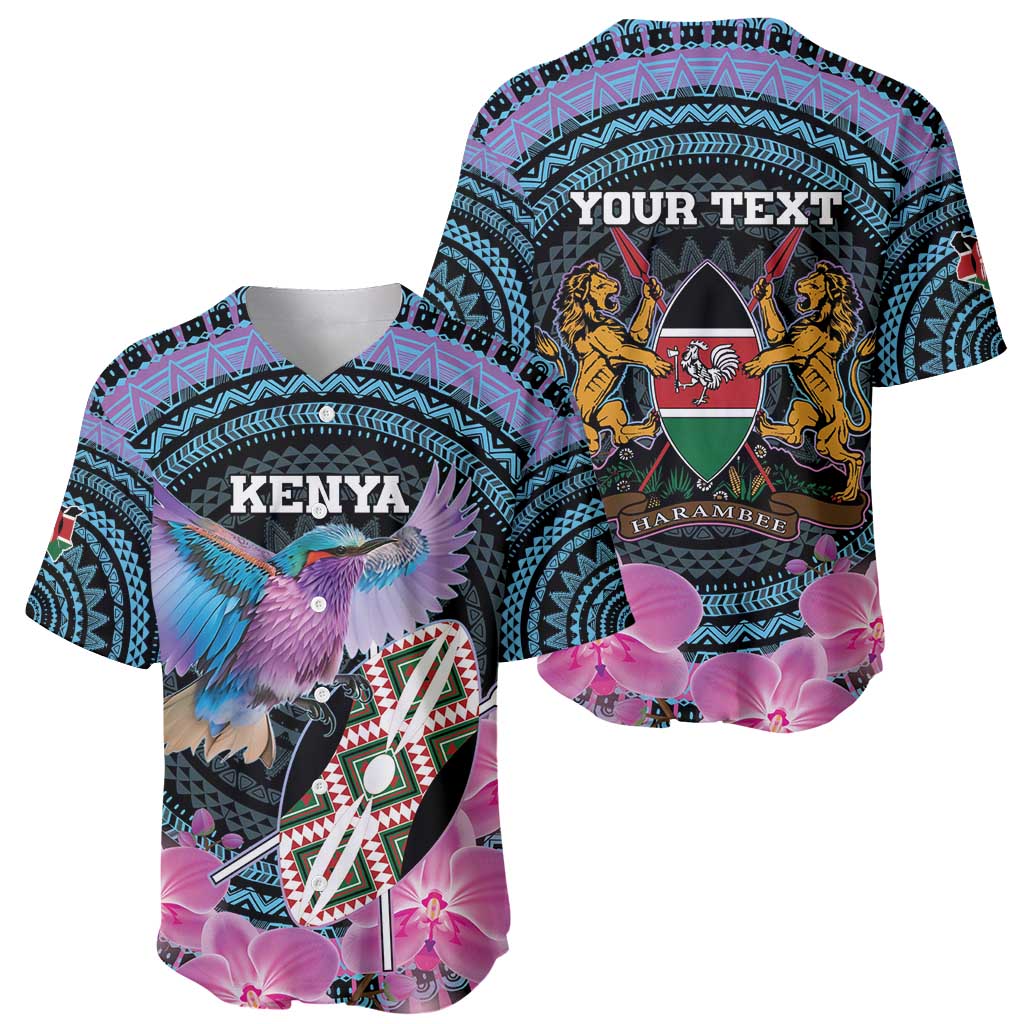 Personalised Kenya Lilac Breasted Roller Baseball Jersey Mix Maasai Shield With Orchid Flower - Wonder Print Shop