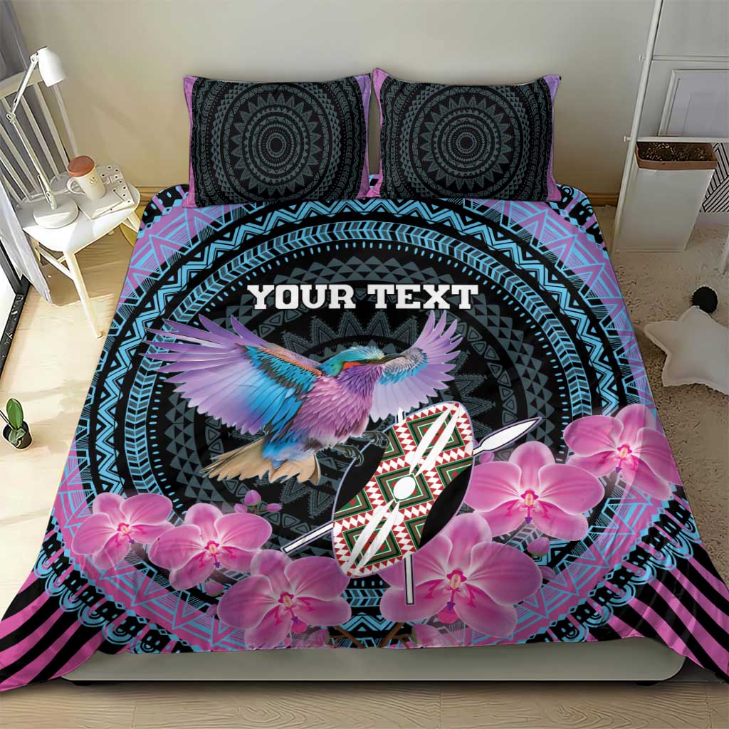 Personalised Kenya Lilac Breasted Roller Bedding Set Mix Maasai Shield With Orchid Flower - Wonder Print Shop